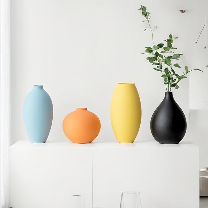 Small Ceramic Matte Vase Set 4 for Modern Home Decor Flower Decoration Office,Bookdesk, Bookshelf, centerpieces, Tables, Living Room, Dining Table, Bedroom Shelf Entryway Ornament Gift