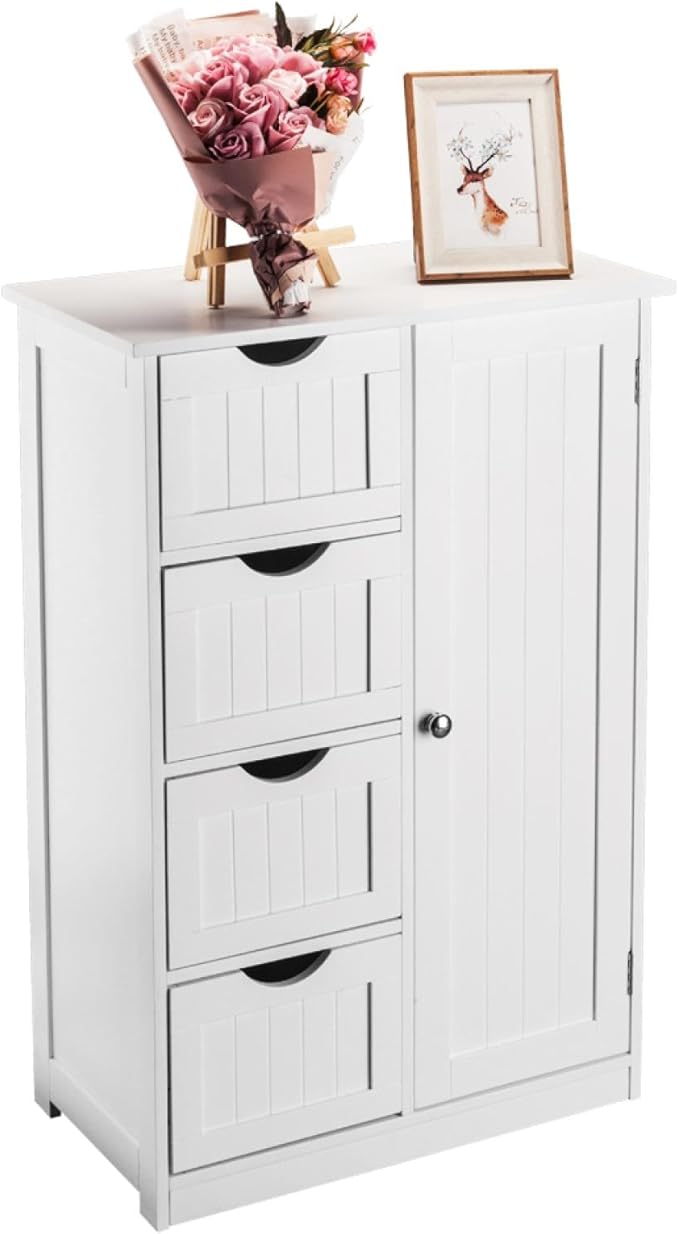 Side Storage Organizer with 4 Drawers of Medium Density fiberboard Single Door Bathroom Cabinet, Independent Entrance Storage Unit Console, Bathroom Furniture and Home Decoration, White