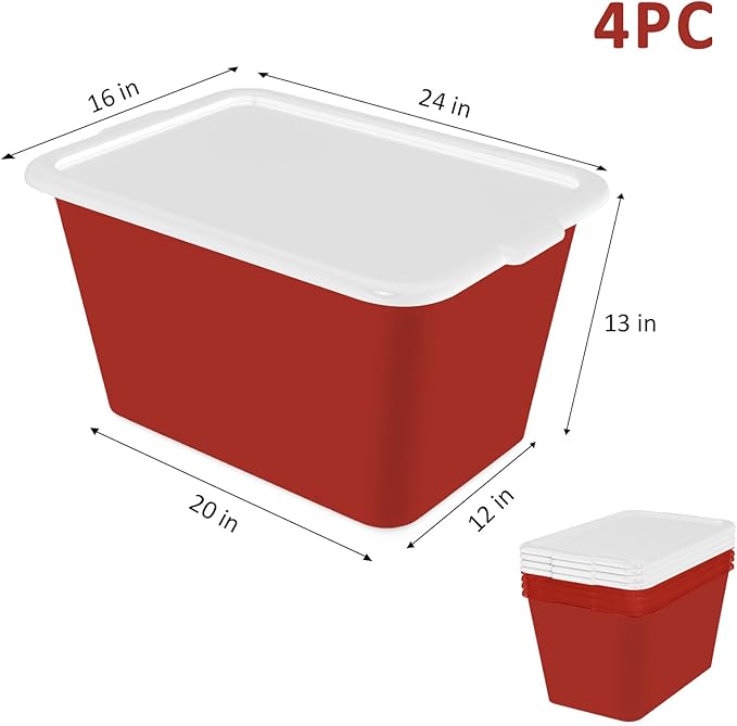Storage Totes with Lids - Made in USA 14.5-Gallon (58-Quart) 4-Pack storage bins with lids plastic storage containers large storage boxes for Organizer White/Red