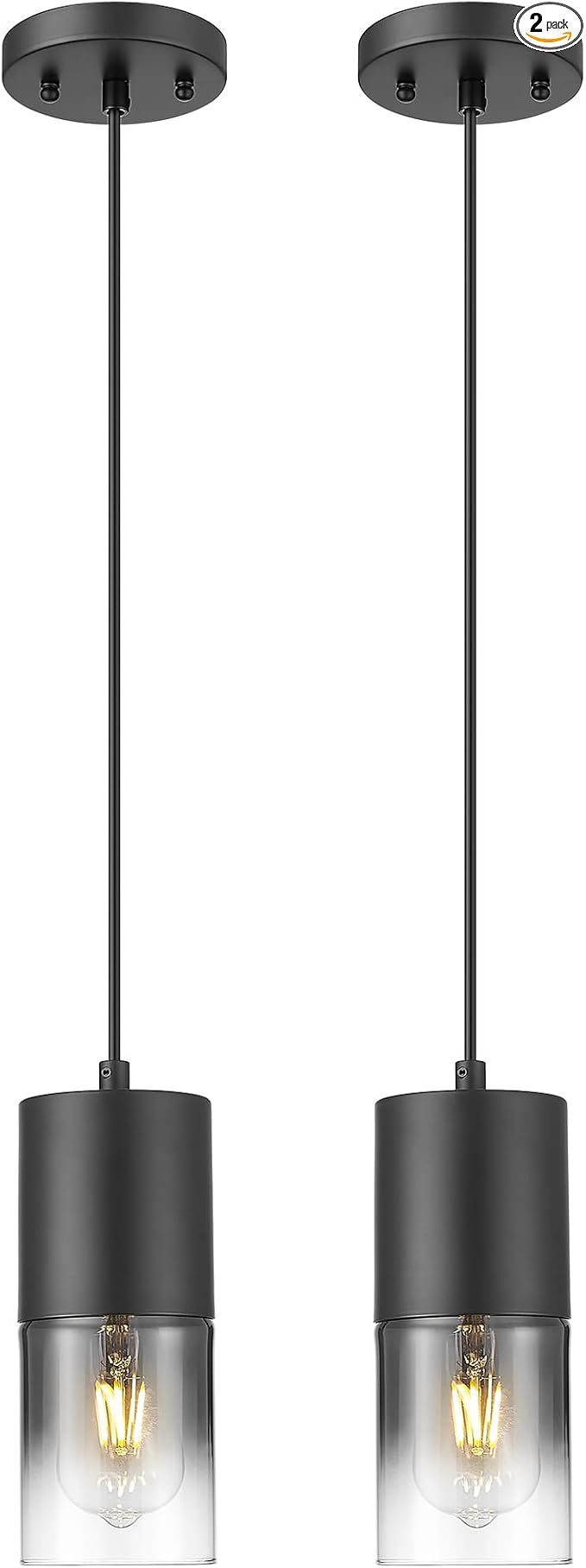 2-Pack Pendant Lights Kitchen Island, Hanging Lights Fixtures with Cylinder Black Gradient Glass, Modern Kitchen Pendant Lighting Over Island for Dining Room, AD-24023-1P2-BK-SM