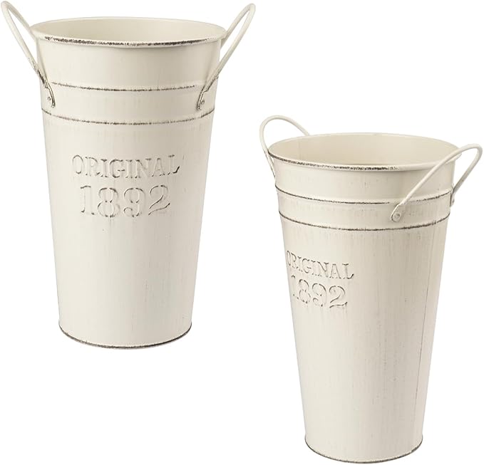 4 PCS 10 Inch Rustic Galvanized Flower Vases, Farmhouse French Buckets for Beautiful Floral Arrangements, Home Decor or Weddings and Events by GENHAKON