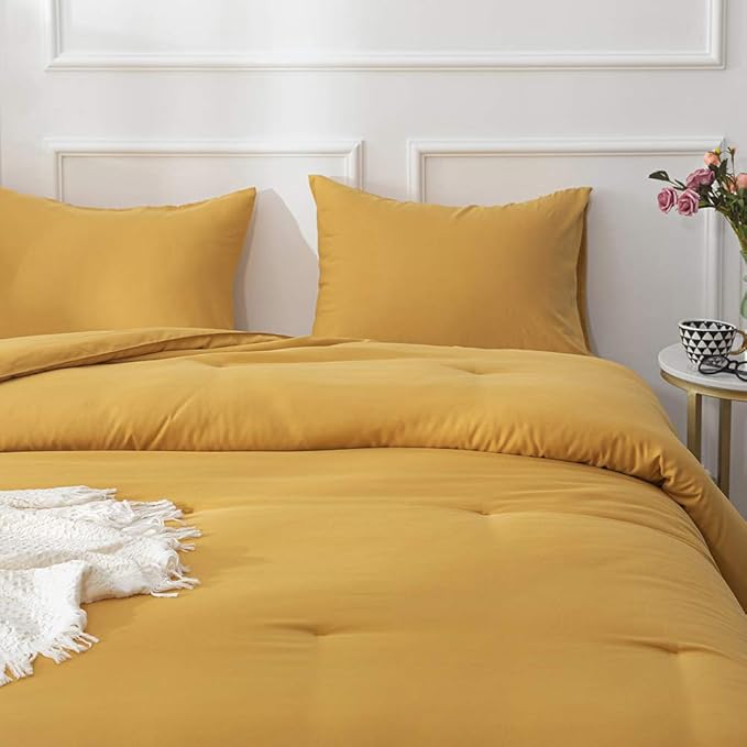 Pureant Mustard Comforter Set California King Dark Yellow Bedding Comforter Sets Solid Yellow Cal King Comforter for Women Girls Soft Plain Turmetric Comforter Sets Solid Ginger Blanket