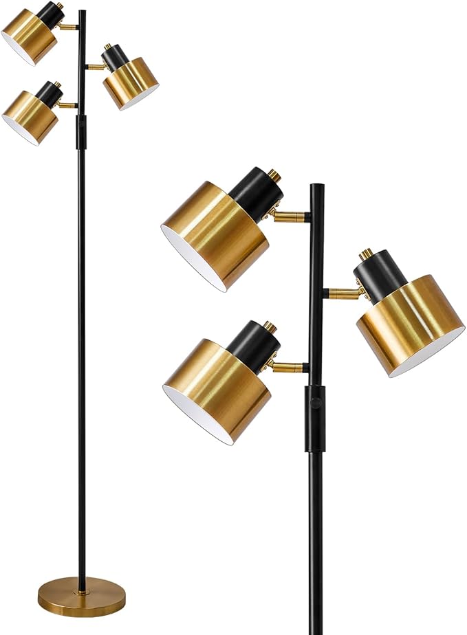 OYEARS Floor Lamp for Living Room Bright Lighting Tall Modern Industrial Vintage Standing Corner Lamps LED Metal Light Office Bedroom Study Gold Black Cream Matte Accent (3-Light, Gold)