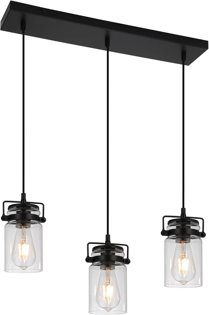 Kitchen Pendant Lighting Over Island Pendant Lights with Seeded Glass Shade Black 3 Pendant Lighting Adjustable Farmhouse Ceiling Light for Kitchen Island Dining Room Bedroom Living Room