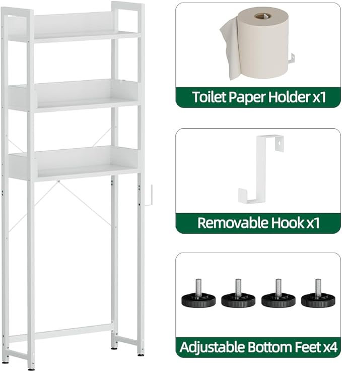 OTK Over-The-Toilet Storage, 3 Tier Bathroom Organizer Shelf, Freestanding Space Saver with Toilet Paper Holder, Multifunctional Over The Toilet Rack, White