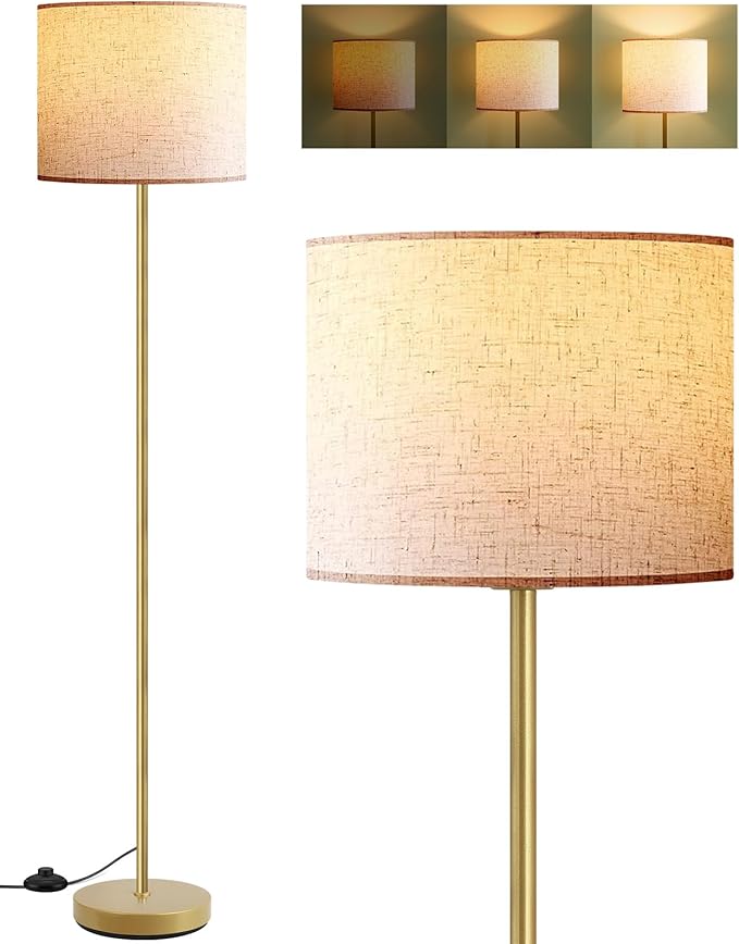 Floor Lamp Gold, Small Standing Lamp, 58" Tall Lamps with Beige Lampshade, Simple Pole Lamp for Bedroom, On/Off Footswitch, Gold Lamps for Living Room/Office/Boho,Christmas Gift for Kids(No Bulb)