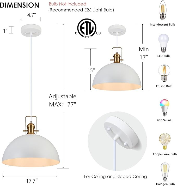18 Inch Large Pendant Lights for Kitchen Island Matte White Farmhouse Pendant Light fixtures Adjustable Height Dome Hanging Light for Dinning Room Bedroom Hallway,1 Pack