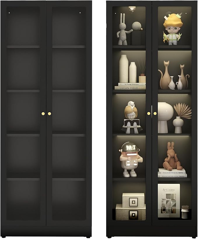 5 Tier Metal Curio Cabinets,Modern Bookcase with Acrylic Door and 4 Adjustable Shelves, 70.87 Inch Tall Storage Display Case, Dust Proof Display Cabinet for Home Office, Living Room