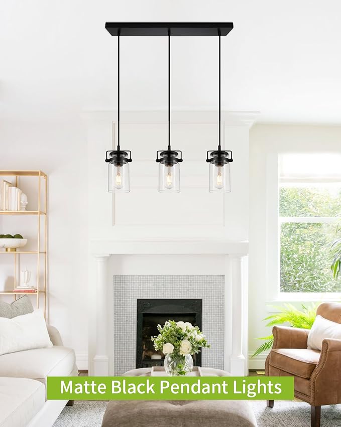 Pendant Lighting for Kitchen Island, Modern Glass Pendant Light Linear Chandelier for Dining Room Industrial Hanging, 3 Light Fixture Adjustable Cord Farmhouse Ceiling Light Black Finish