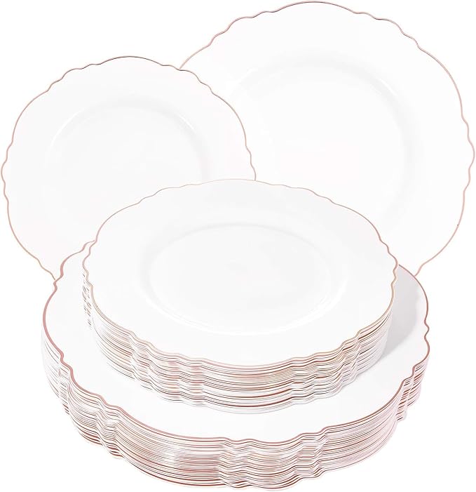 WDF 60pcs Rose Gold Plastic Plates-Baroque White &Rose Gold Disposable Plates including 30Plastic Dinner Plates 10.25inch, 30 Salad Plates 7.5inch for Wedding & Parties