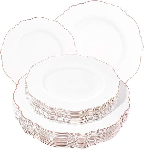 WDF 60pcs Rose Gold Plastic Plates-Baroque White &Rose Gold Disposable Plates including 30Plastic Dinner Plates 10.25inch, 30 Salad Plates 7.5inch for Wedding & Parties