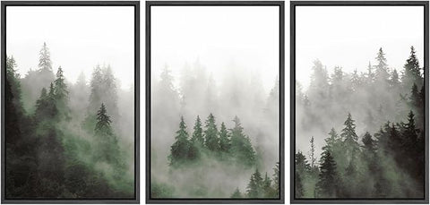 SIGNWIN Framed Canvas Print Wall Art Woodland Nursery Decor Set Fog & Mist Over Green Pine Tree Forest Nature Wilderness Modern Art Chic Landscape for Living Room, Bedroom, Office - 16"x24"x3 Black