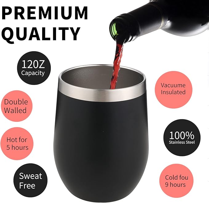12oz/4 Pack Wine Tumbler Glasses with Lid Stemless Double Wall Vacuum Stainless Steel Travel Tumbler Keeping Cold & Hot for Wine,Coffee,Cocktails,Drinks-Family and Gifts (Multi color-dark)