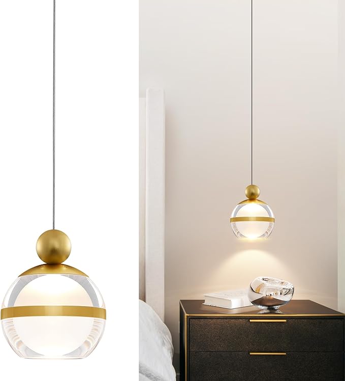 Gold Pendant Lights Kitchen Island Modern LED Ceiling Hanging Pendant Lights Acrylic Globe Pendant Light Fixtures for Dining Room Bedroom Living Room 1-Light