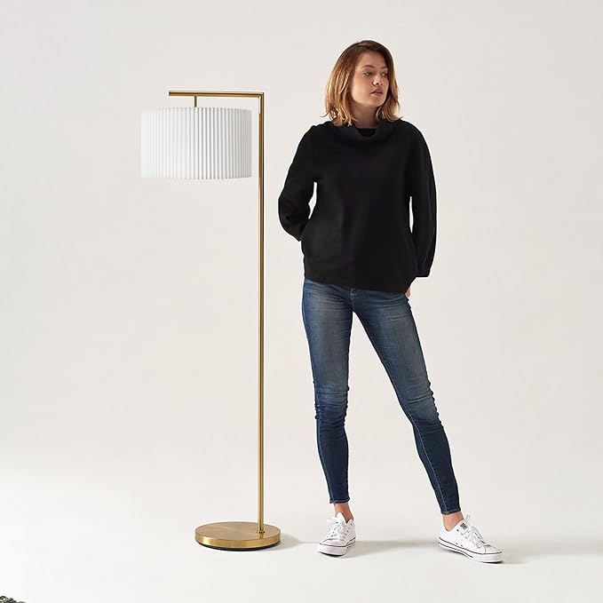 Brightech Montage Modern Floor lamp, LED Floor Lamp for Living Rooms & Offices - Tall Standing Lamp for Bedroom Reading - Corner Pole Lamp with Contemporary Pleated Shade - Gold, Antique Brass