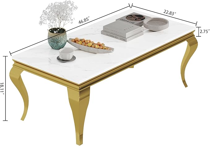 SSLine Rectangular Faux Marble Coffee Table for Living Room Modern Luxury White Marble Center Table with Gold Curved Legs 46.8" Mid-Century Cocktail Table with Mirrored Stainless Steel Frame