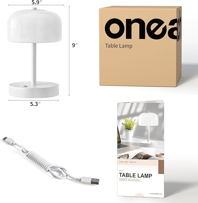 Oneach 9in Cordless LED Mushroom Table Lamp Touch 3 Way Dimmable Bedside Small Lamp Battery Operated Rechargeable Modern Nightstand Desk Lamp for Bedroom Living Room Restaurant White(2 Pack)