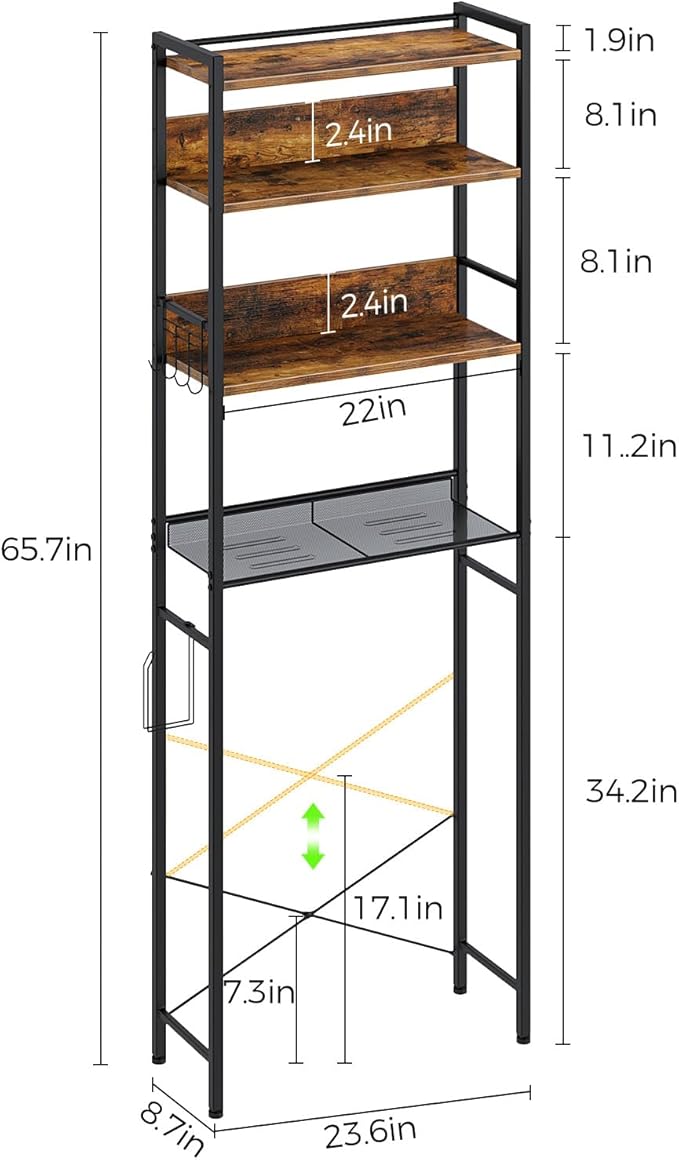 Rolanstar Over The Toilet Storage 4-Tier, Freestanding Bathroom Organizer, Sturdy Behind Toilet Rack with Hooks, Space-Saving Design, Fits Most Toilets, Rustic Brown
