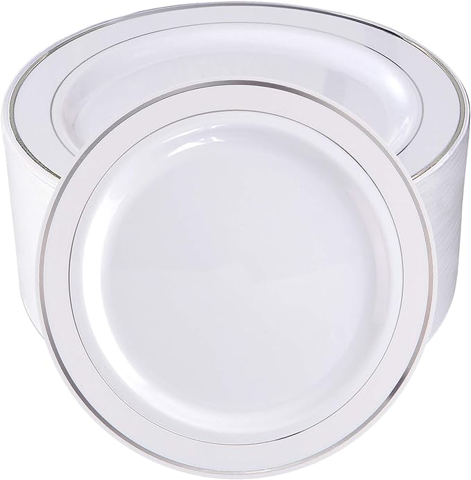 bUCLA 100Pieces Silver Plastic Plates - 10.25inch Silver Rim Disposable Dinner Plates - Ideal for Weddings, Parties&Christmas