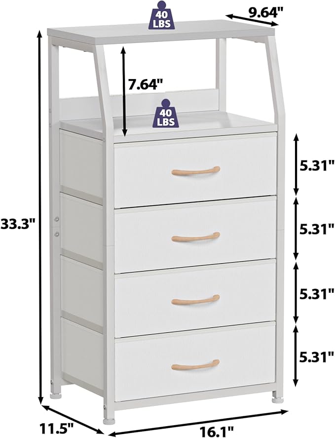 Furnulem Tall 4 Drawers Dresser, Vertical Storage Tower for Bedroom, Hallway, Entryway, Nursery, Closet Organizer, Nightstand Bedside Table Furniture, Sturdy Steel Frame, Wood Top, White
