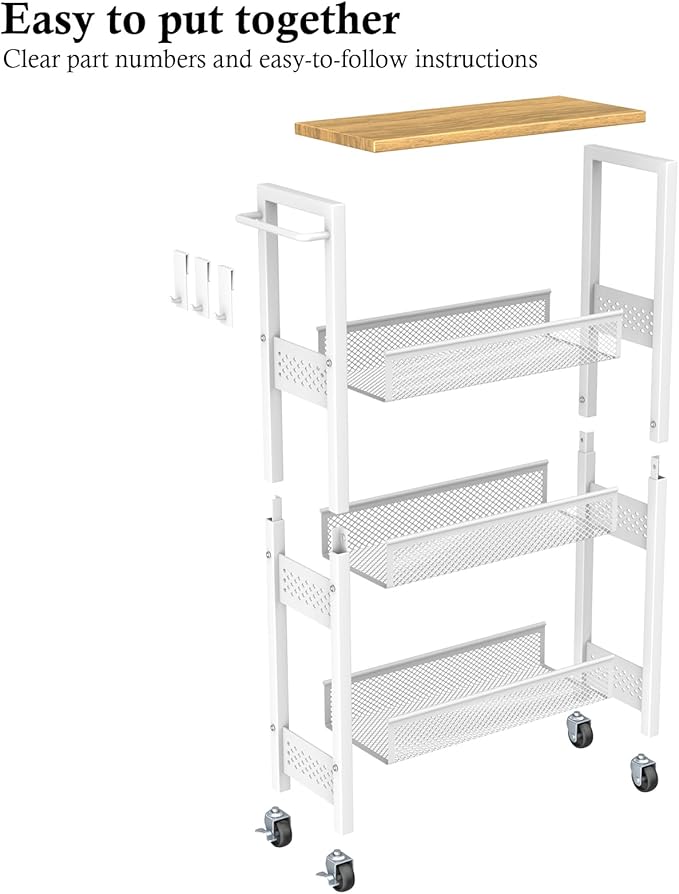 Utility Slim Storage Cart, 4 Tier Small Rolling Kitchen Laundry Room Cart with Wood Top, Metal Narrow Bathroom Storage Cabinet Mobile Shelf Unit Organizer Trolley with Handle for Narrow Space