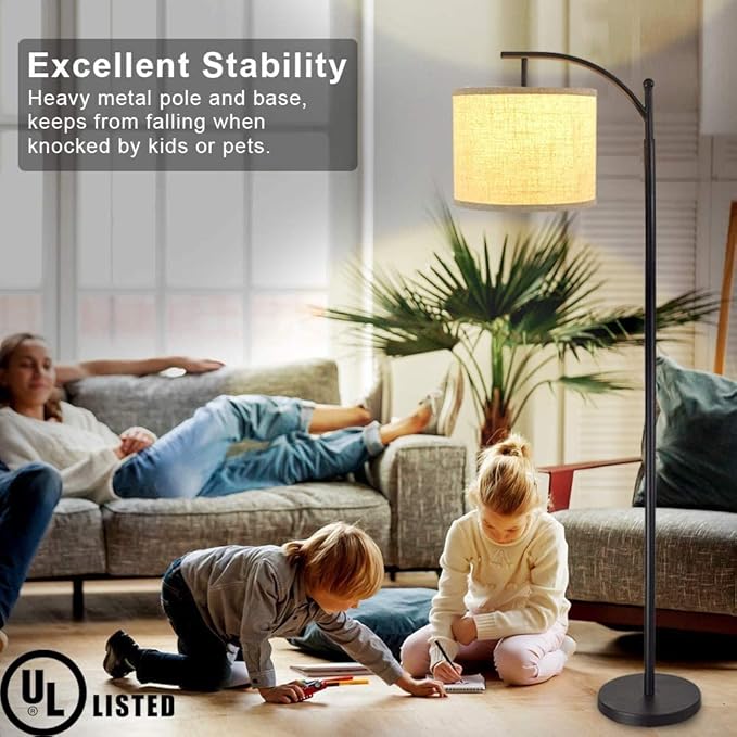 DLLT Modern Arc Floor Lamp, Farmhouse Standing Floor Lamps with Lantern Lampshade, Industrial Tall Reading Light for Bedroom Living Room Office Study, 3 Color Temperatures, Black, 8W Bulb Included