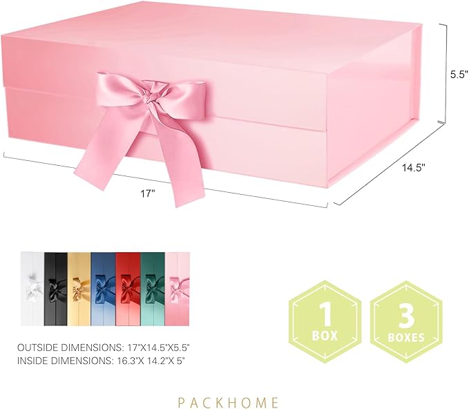 PACKHOME 17x14.5x5.5 Inches, Extra Large Gift Box with Lid, Magnetic Closure Boxes with Ribbon for Clothes and Large Gifts (Glossy Pink)