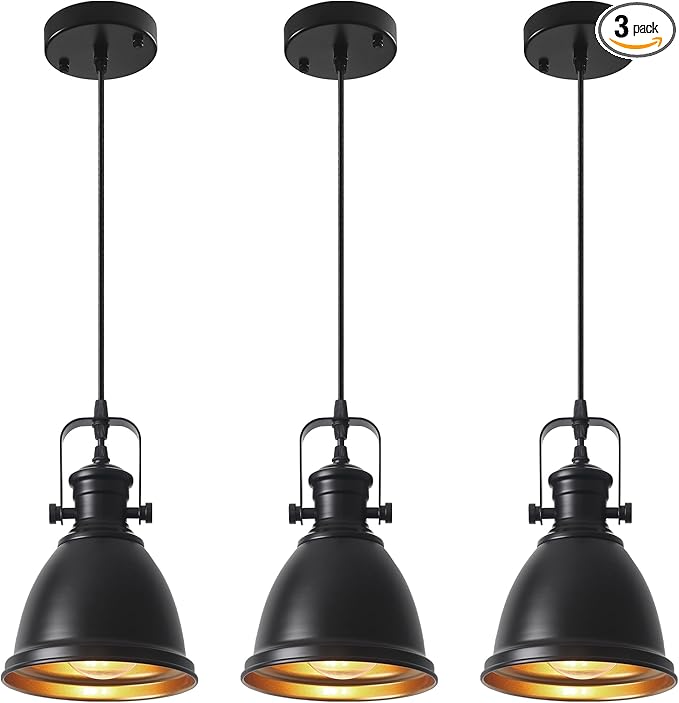 Black Pendant Lights Kitchen Island 3 Pack, Vintage Pendant Light, 6.5’’ Farmhouse Pendant Light Fixtures, Adjustable Height, Pendant Lighting for Dining Room, Living Room, Sink, Bar