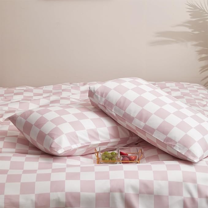 Pureant Pink White Plaid Comforter Sets California King Women Men Bean Pink and White Checkerboard Grid Bedding Comforters Cal King Modern Dusty Pink Checkered Geometric Quilts Luxury Abstract Bed