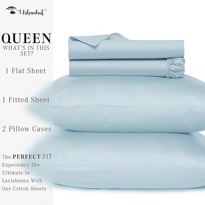 URBANHUT 700 Thread Count Queen Size Egyptian Cotton Sheets, 4Pc Sheet Set Soft Luxury Bed Sheets for Queen Size Bed, Sateen Weave Hotel Sheets, 16'' Elasticized Deep Pocket - Light Blue