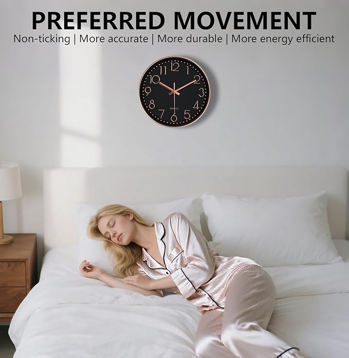 Wall Clock, Silent Wall Clocks Battery Operated 10 Inch- Modern Non Ticking Analog Clock with Large Numerals Tempered Glass Clocks for Bedroom, Living Room, Kitchen, Office Decor, Black