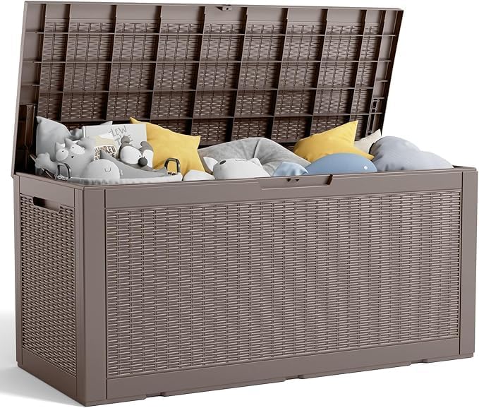 100 Gallon Deck Box,Resin Outdoor Storage Box with Lockable for Patio Furniture, Pool Accessories, Garden Tools Waterproof Outside Storage Box, Grey Pattern