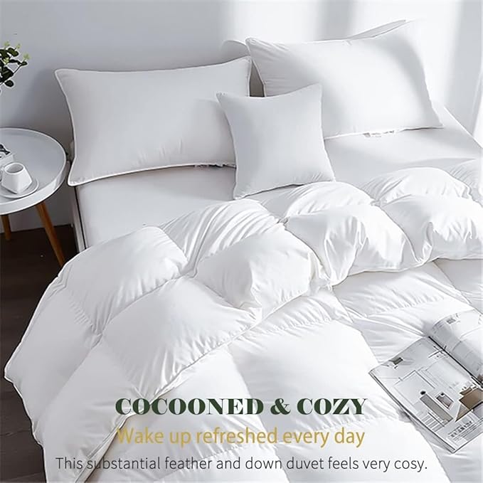 Organic Feather Down Comforter Oversized King Size, All Season Duvet Insert 100% Organic Cotton, Medium Warm Quilted Bed Comforter with Corner Tabs(120x98, White)