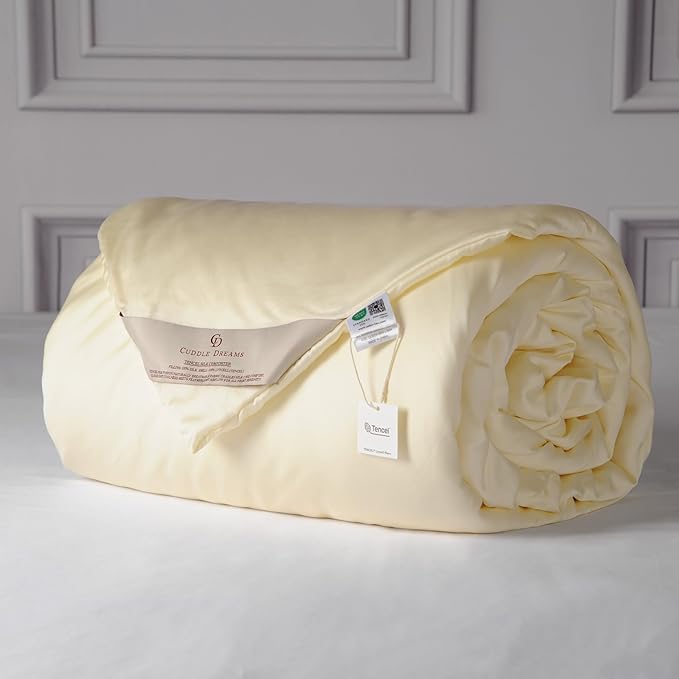 CUDDLE DREAMS Silk Filled Comforter for All Season, Detachable Tencel Duvet Cover for Easy Care, Naturally Breathable (Ivory, King)