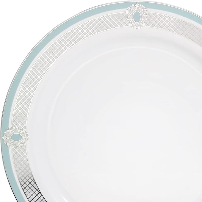 " OCCASIONS " 50 Plates Pack (25 Guests)-Wedding Party Disposable Plastic Plate Set -25 x 10.25'' Dinner + 25 x 7.5'' Salad & Dessert plates (Royal in White/Green & Silver)