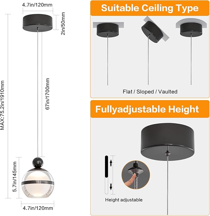 Modern Black LED Pendant Light, 1-Light Acrylic Globe Ceiling Hanging Kitchen Light Fixtures, Pendant Lights Kitchen Island for Dining Room Bar Living Room Bedroom Bathroom