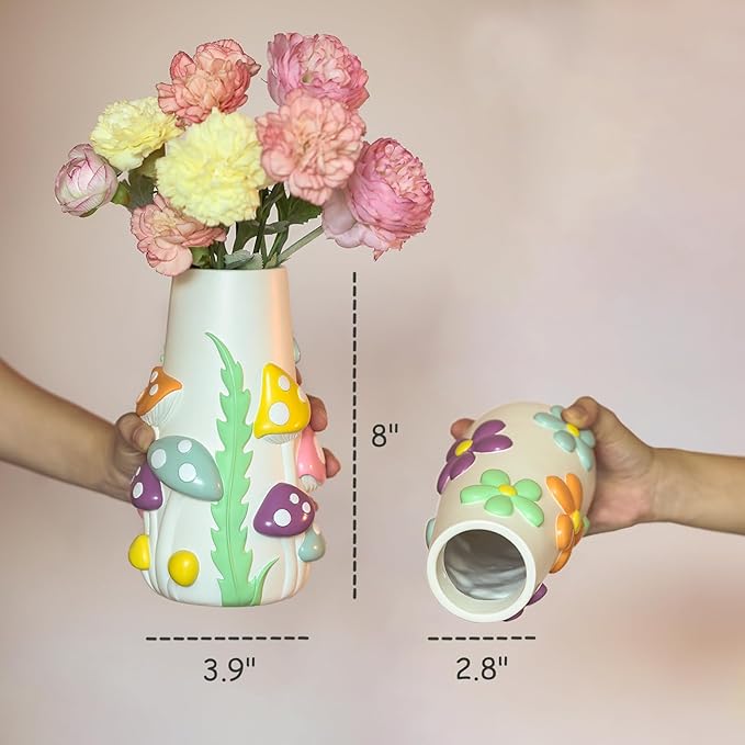 GUGUGO Pastel Flowers Vase, 8-Inch-Tall Rainbow Funky Mushroom Decor, Eclectic Vases for Flowers, Unique Colorful Decorative Vase, Cute Room Decor Aesthetic