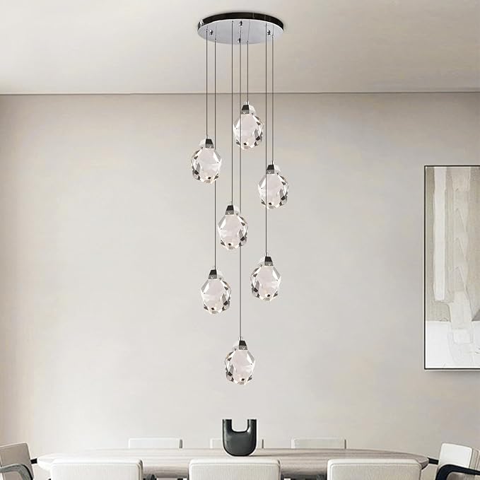 7 Lights Cluster Pendant Light, Modern Foyer Dimmable Chandelier Light Fixture, Chrome Pendant Hanging Light Crystal Chandeliers for Entrance, Dining Room