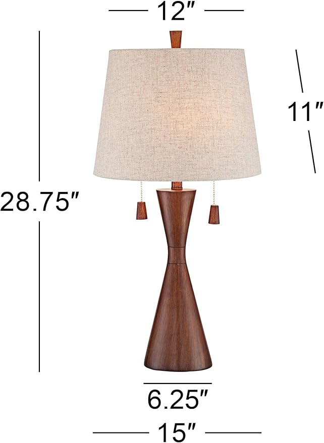 360 Lighting Omar Mid Century Modern Chic Style Table Lamps 28.75" Tall Set of 2 Warm Brown Wood Oatmeal Tapered Drum Shade Decor for Living Room Bedroom House Bedside Nightstand Home