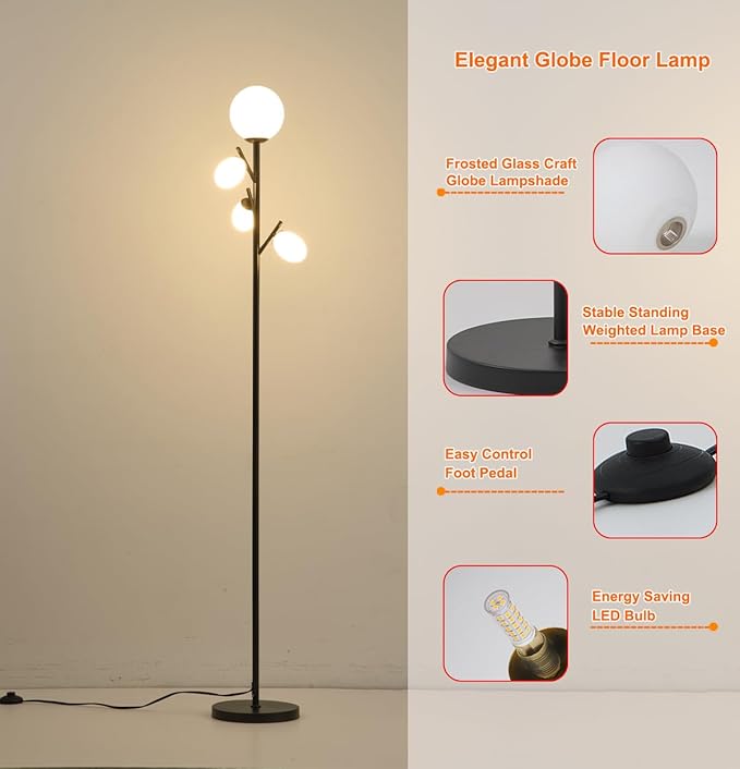 Fiqevs 4 Globe Mid Century Floor Lamp, 4 x 800LM LED Bulbs Included, Torchiere Modern Black Tree Standing Lamp, Contemporary Vintage Tall Lamp for Living Room, Bedroom & Office