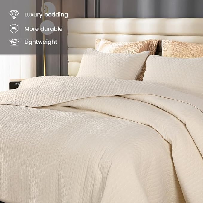 Velvet Quilt Twin Size Set,Luxurious Reversible Quilted Bedspread Bedding Set, Lightweight Coverlet with Brushed Back,Ultra Soft Cozy Warm for All Season,Cross Stitch Striped, Cream,Twin