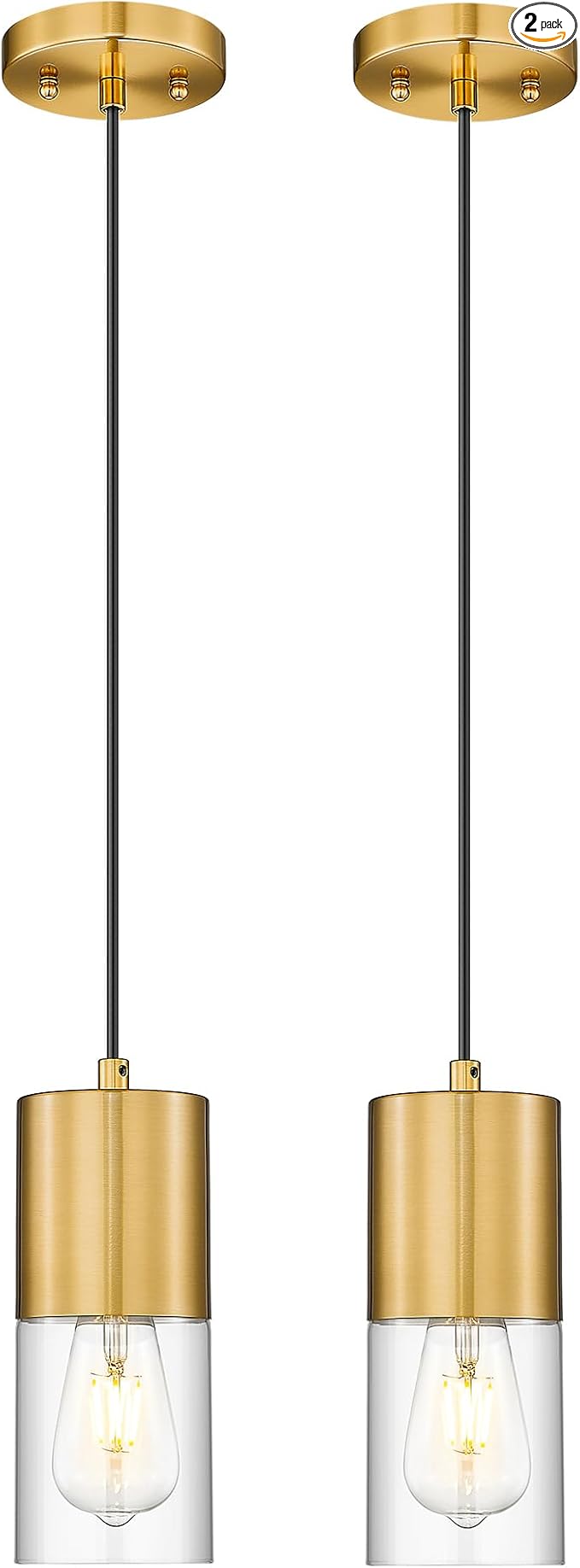 2-Pack Pendant Lights Kitchen Island, Brushed Gold Shade Hanging Lights Fixtures with Cylinder Clear Glass, Brass Kitchen Pendant Lighting Over Island for Dining Room, AD-24023-1P2-GD