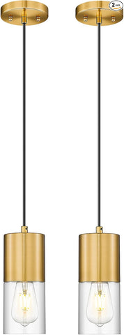 2-Pack Pendant Lights Kitchen Island, Brushed Gold Shade Hanging Lights Fixtures with Cylinder Clear Glass, Brass Kitchen Pendant Lighting Over Island for Dining Room, AD-24023-1P2-GD