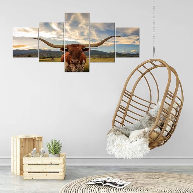 Modern Longhorn Wall Decor Artwork Longhorn Steer in Rural Utah Picture Prints on Canvas Wall Art Modern Animal Giclee Artwork Stretched and Framed Ready to Hang for Home Decor - 50''W x 24''H