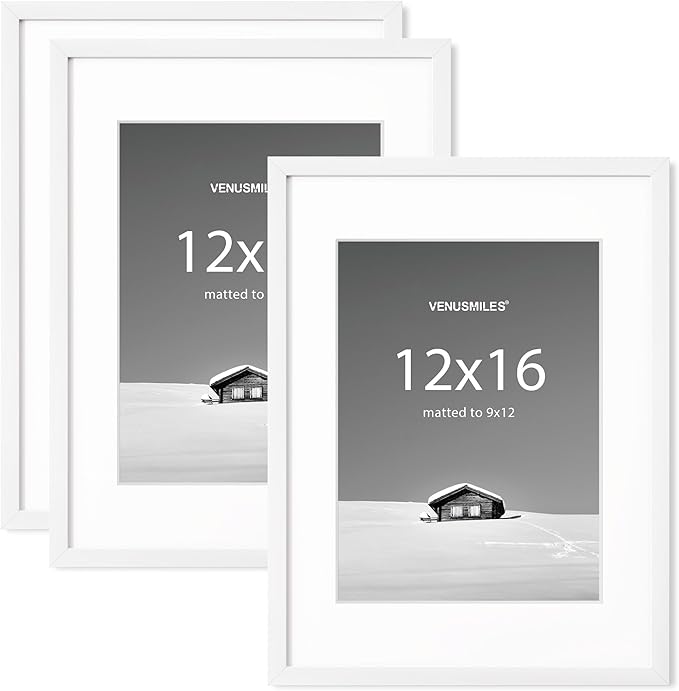 12x16 inch Picture Frame, 12x16 Photo Frames with 8.5x11 Removable Mat - High Definition Plexiglass - Vertical and Horizontal Display - Wall Hanging Frame - White, 3 Pack
