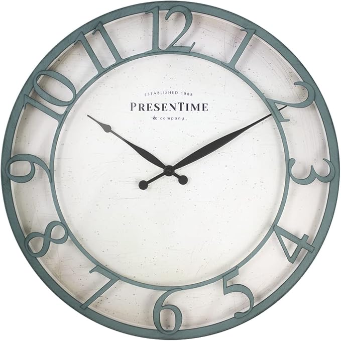 Presentime & Co 21" Farmhouse Series Wall Clock,Vintage Style, Retro Clock, Raised 3D Arabic Numeral, Aged Teal Finish. Wall Décor for Living Room and entryway.