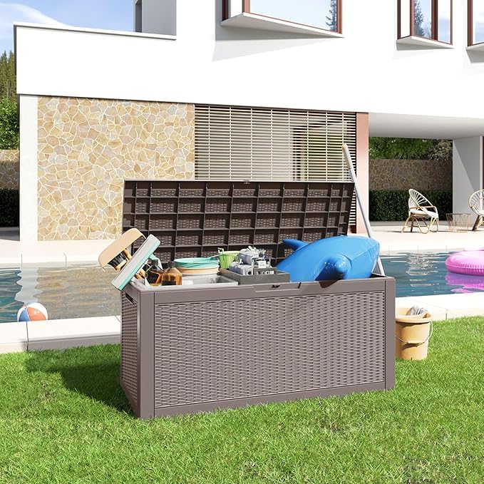 100 Gallon Deck Box,Resin Outdoor Storage Box with Lockable for Patio Furniture, Pool Accessories, Garden Tools Waterproof Outside Storage Box, Grey Pattern