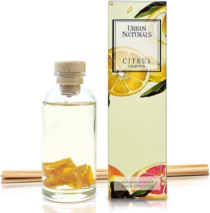Urban Naturals Citrus Bliss Mandarin Orange & Grapefruit Essential Oil Reed Diffuser w/Real Orange! | Fresh Home Fragrance