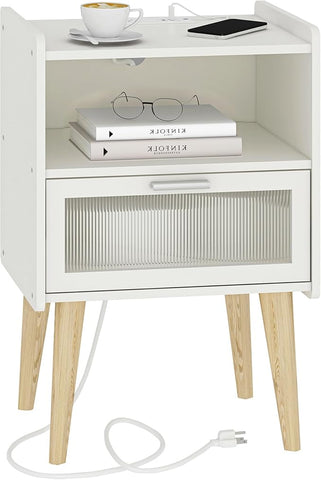 Nightstand with Charging Station, Bedside Tables with Glass Decorative Door, End Table Side Table with 2 Tiers Storage Space, for Bedroom, Living Room, White CAMLBZ07WE