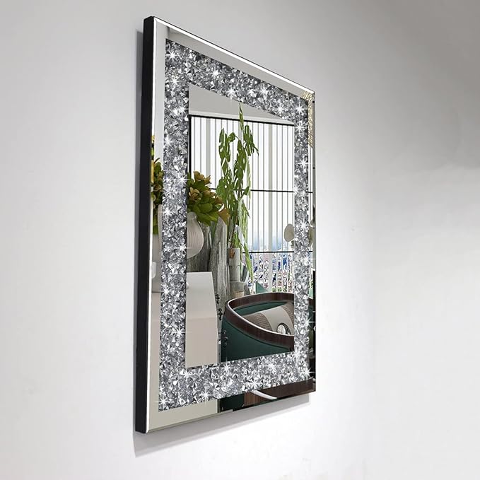 Rectangle Sparkling Decorative Wall Mirror for Home Decoration with Silver Crystal Crush Diamond Décor, Dimention16x20x1 inch, Wall Hang Frameless Mirrors Glass Diamond Décor.